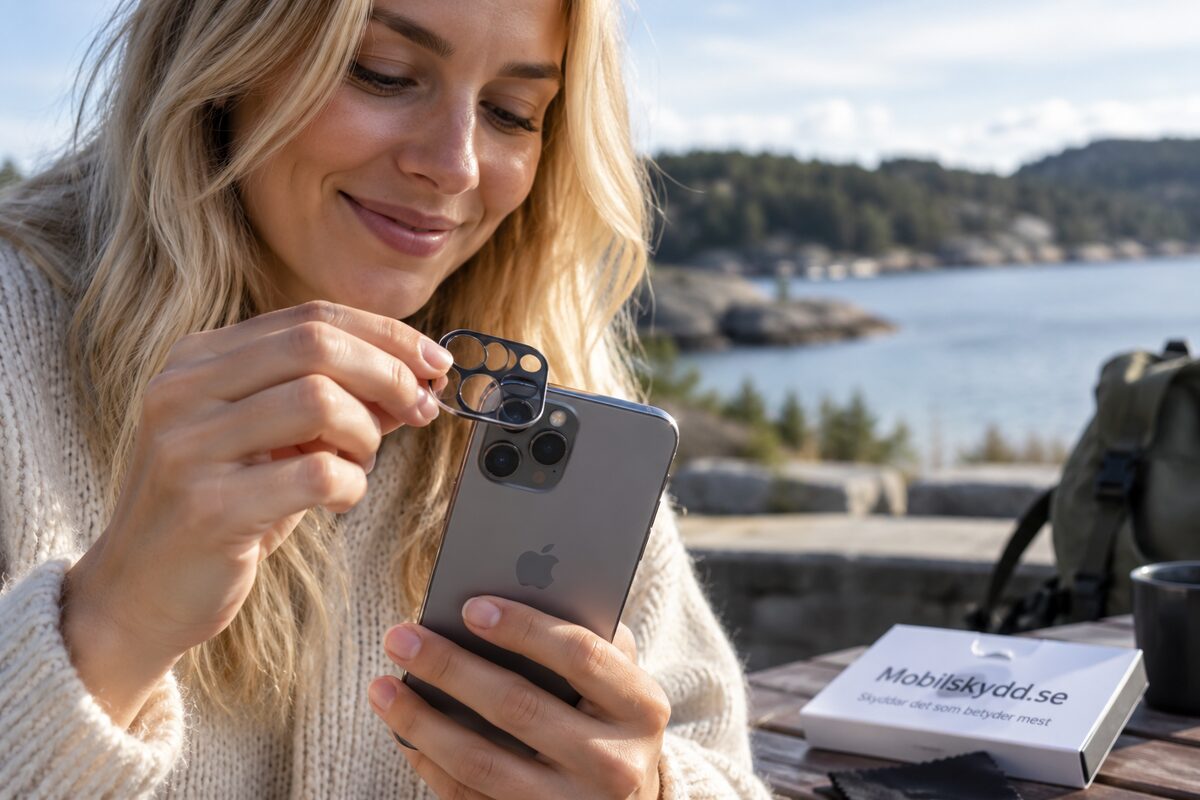 Kvinna monterar linsskydd på kameran på sin mobiltelefon